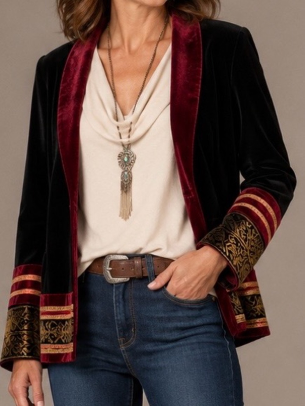 Coldwater Creek Black Velvet Tapestry 2X Boho Blazer